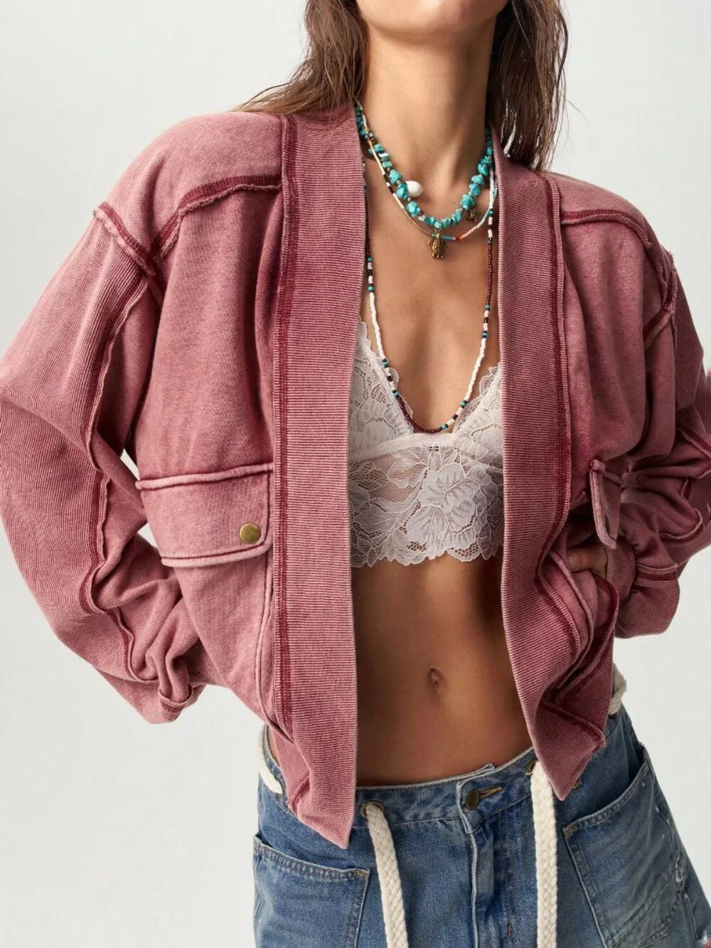 Red Casual Women's Knit Long Sleeve Loose Fit Regular Jacket - Picture 7 of 9
